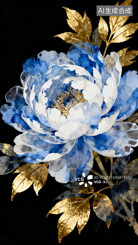 【AI数字艺术】蓝白牡丹配金叶黑底衬显华贵艺术感图片素材