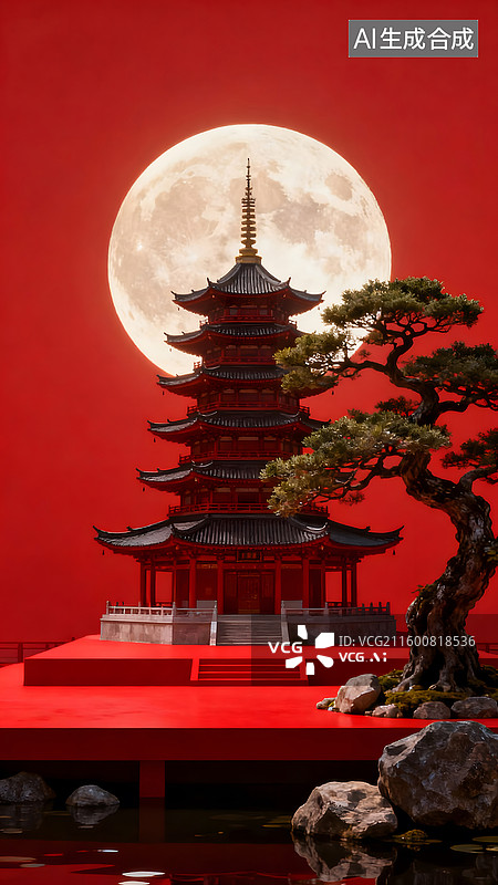 【AI数字艺术】红底古楼满月松景尽显国风典雅意境图片素材