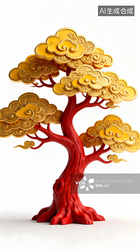 【AI数字艺术】红根金云树国潮风满尽显招财吉祥韵味图片素材