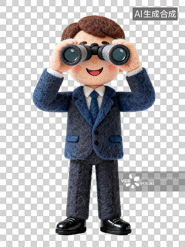 【AI数字艺术】3D毛毡可爱的拿着望远镜看向未来的卡通男商人图片素材