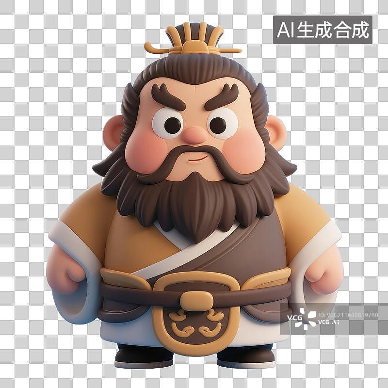 【AI数字艺术】3D渲染中国风古代Q版卡通人物，门神张飞，武将，将军，拿着兵器的将军，免抠元素图片素材