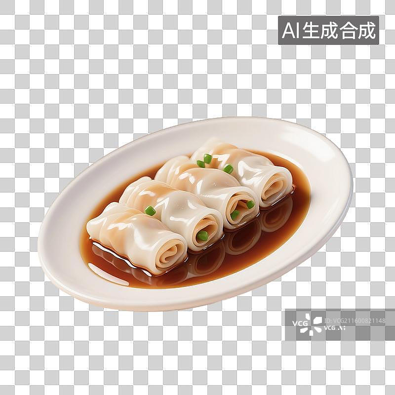 【AI数字艺术】3D渲染卡通中华美食，广式早茶茶点，肠粉，卷筒粉，早餐，早茶，美食食品，免抠元素图片素材