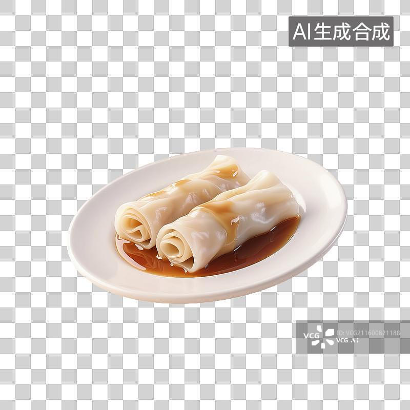 【AI数字艺术】3D渲染卡通中华美食，广式早茶茶点，肠粉，卷筒粉，早餐，早茶，美食食品，免抠元素图片素材