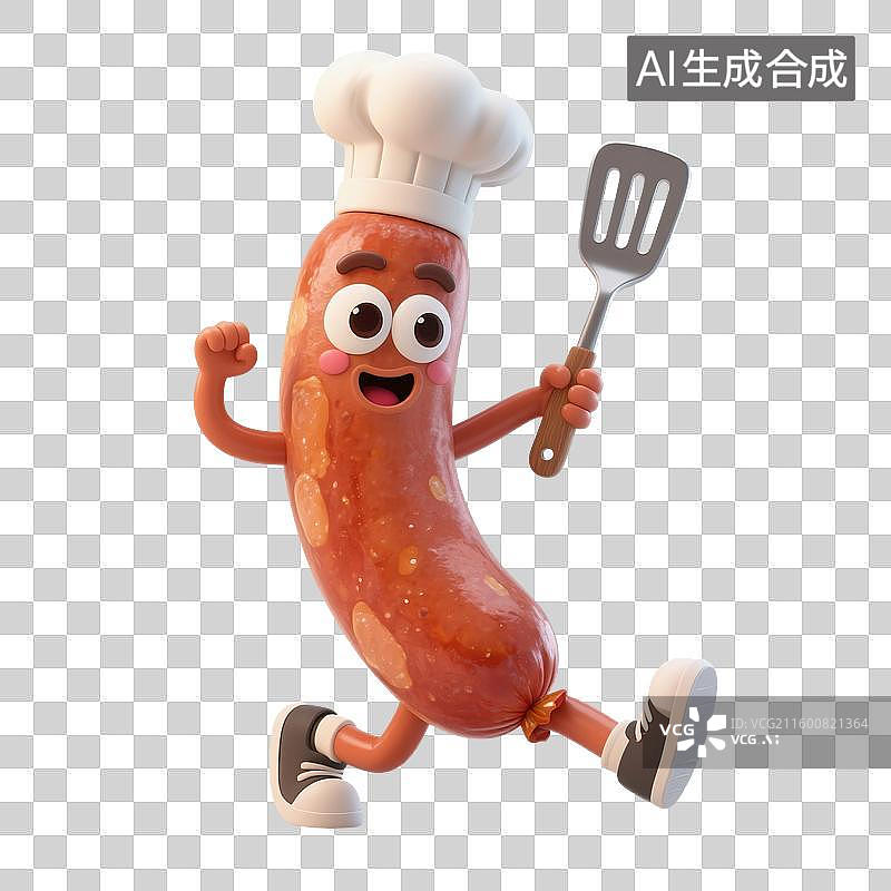 【AI数字艺术】3D渲染，厨师烹调，可爱的卡通热狗，腊肠，香肠，肉肠，烤肠，美味食物免抠元素图片素材