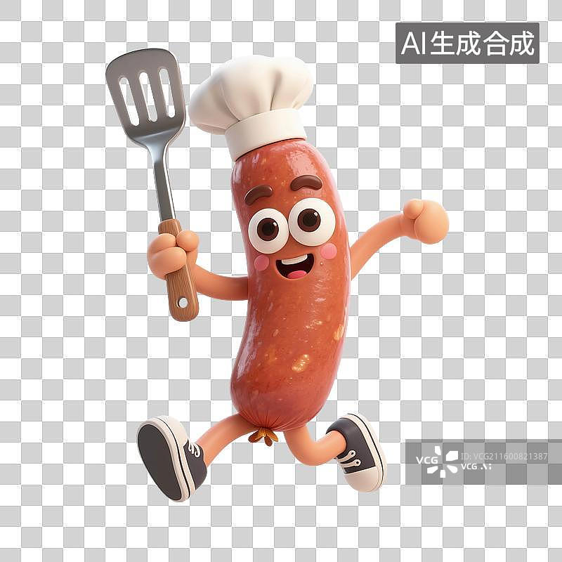 【AI数字艺术】3D渲染，厨师烹调，可爱的卡通热狗，腊肠，香肠，肉肠，烤肠，美味食物免抠元素图片素材