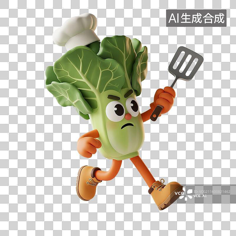 【AI数字艺术】3D渲染，厨师烹调，卡通大白菜，青菜，植物蔬菜免抠元素图片素材