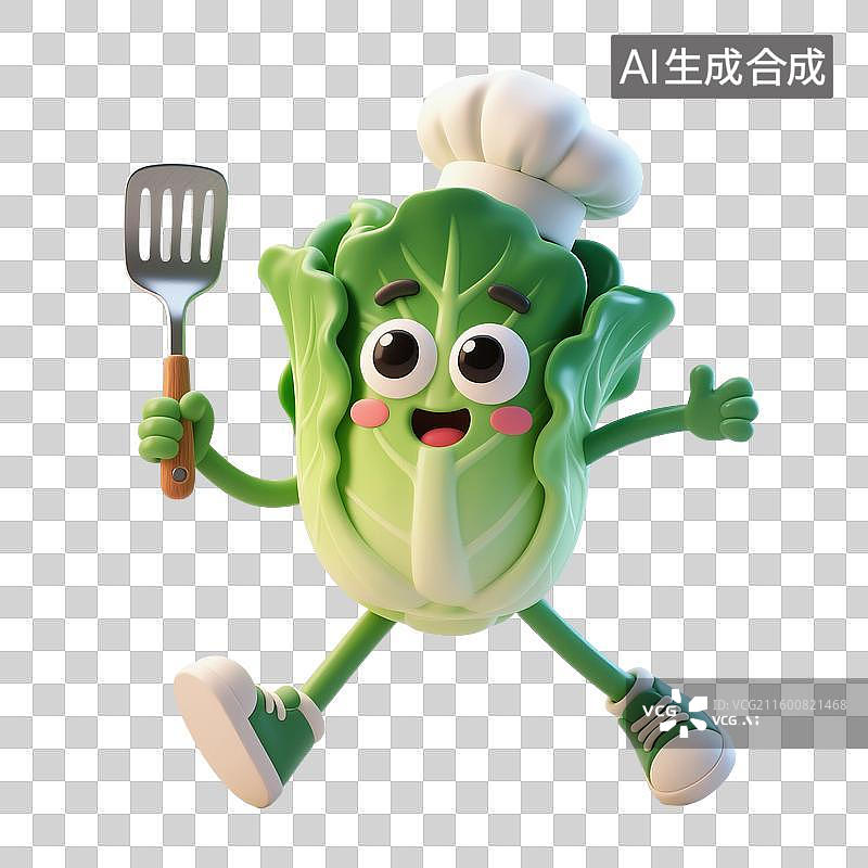 【AI数字艺术】3D渲染，厨师烹调，卡通大白菜，青菜，植物蔬菜免抠元素图片素材