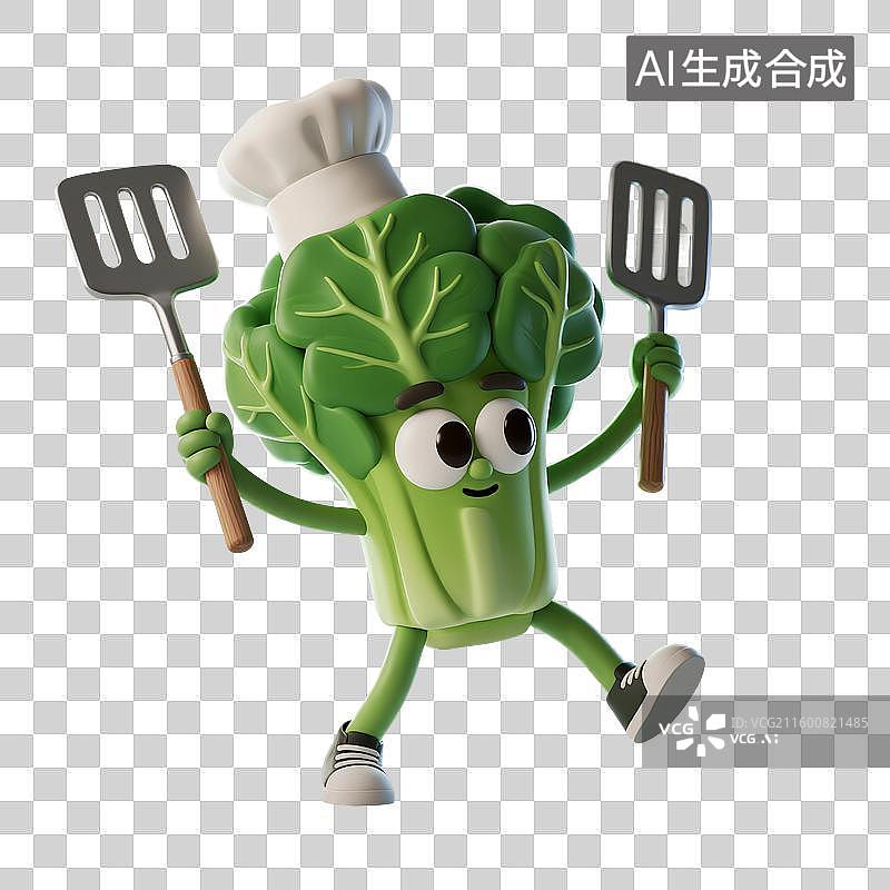 【AI数字艺术】3D渲染，厨师烹调，卡通大白菜，青菜，植物蔬菜免抠元素图片素材