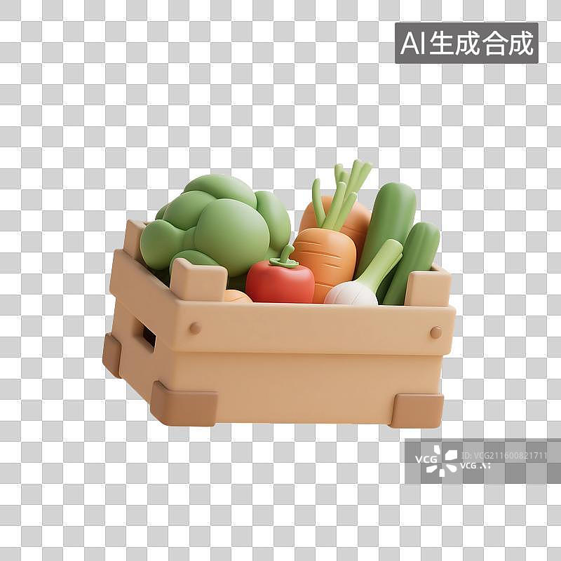 【AI数字艺术】3D渲染，一箱水果蔬菜，超级市场，购物，促销，免抠元素图片素材