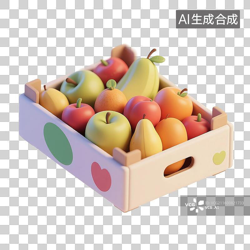 【AI数字艺术】3D渲染，一箱水果蔬菜，超级市场，购物，促销，免抠元素图片素材