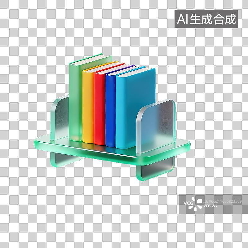 【AI数字艺术】轻拟物风3D桌面书架半透明珠光磨砂质感商业3D轻拟物风格插画元素设计图片素材