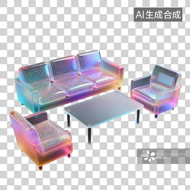 【AI数字艺术】一套现代3D沙发茶几组合半透明珠光磨砂质感商业3D轻拟物风格插画元素设计家具图片素材