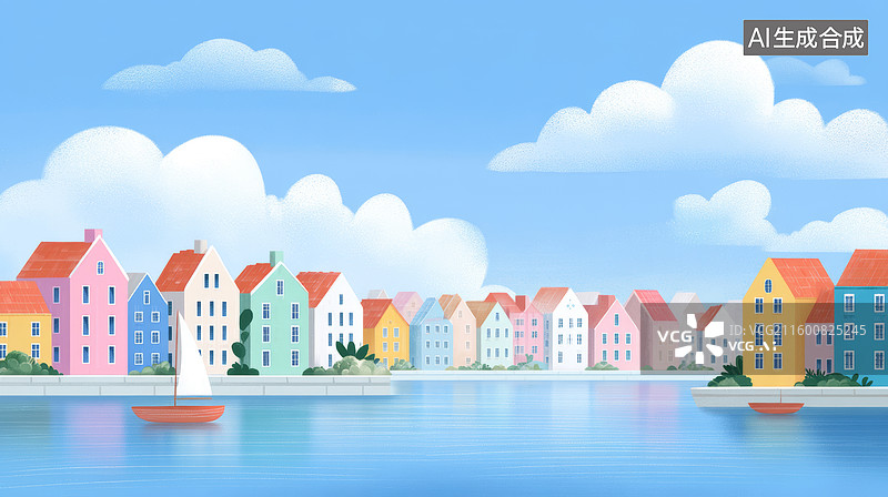 【AI数字艺术】彩色房屋和蓝色水面图片素材