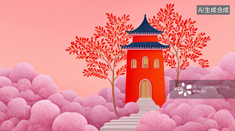 【AI数字艺术】粉色景观中的红砖中式楼阁图片素材