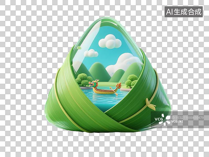 【AI数字艺术】3D渲染，透明粽子，龙舟与粽子，赛龙舟，端午节，传统节日，中国传统美食，免抠元素图片素材