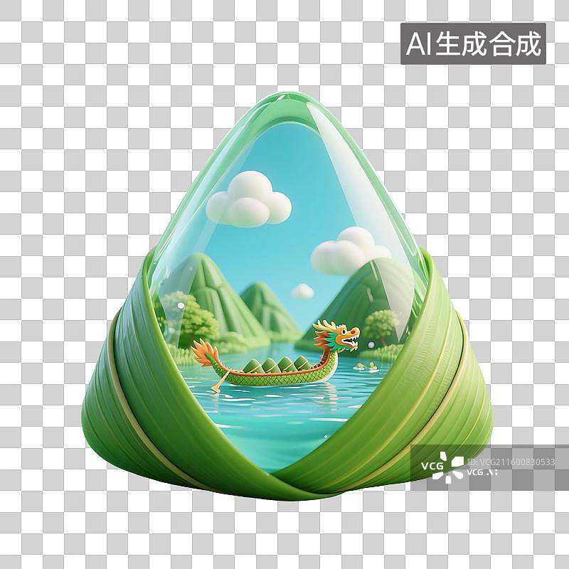 【AI数字艺术】3D渲染，透明粽子，龙舟与粽子，赛龙舟，端午节，传统节日，中国传统美食，免抠元素图片素材