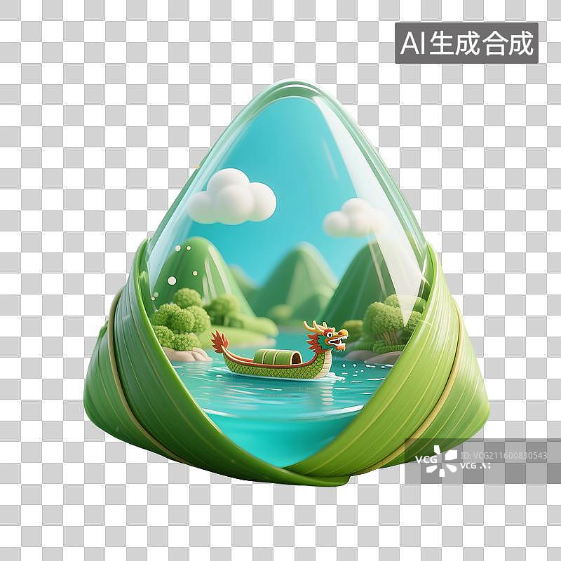 【AI数字艺术】3D渲染，透明粽子，龙舟与粽子，赛龙舟，端午节，传统节日，中国传统美食，免抠元素图片素材