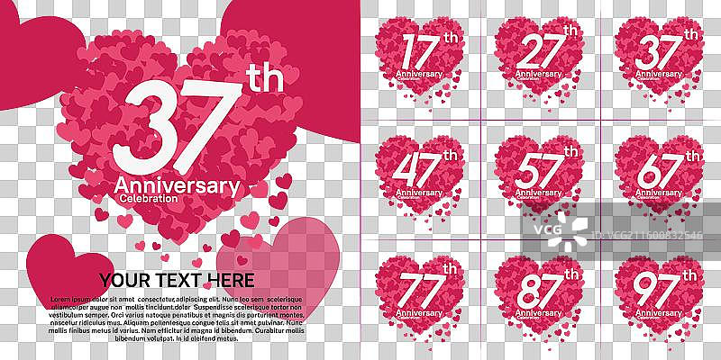 一套粉红色的周年纪念心形图案，可供使用图片素材
