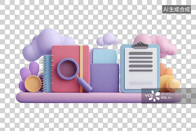 【AI数字艺术】书本，放大镜，记录本抬头标识免扣元素图片素材