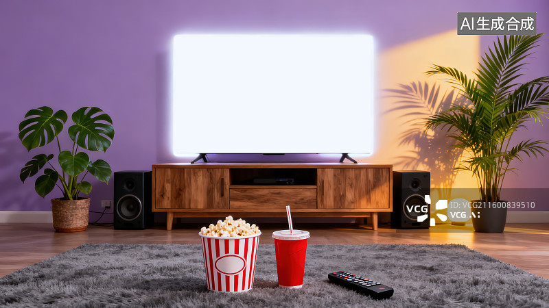 【AI数字艺术】客厅地毯上放着电视遥控器和爆米花可乐，客厅家庭影院场景图片素材