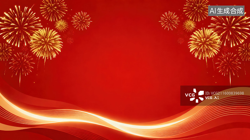 【AI数字艺术】绚烂烟花的映衬下传统国潮风线条纹理中国红背景插画海报图片素材