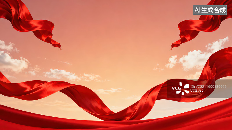 【AI数字艺术】暖红色天空背景下飘动在画面两侧的红色绸带，节日新年春节喜庆党建红色背景图图片素材