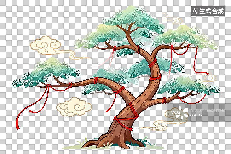【AI数字艺术】带有红丝带的传统中国松树图片素材