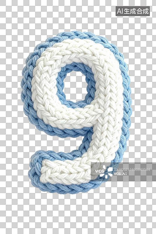 【AI数字艺术】3D渲染免抠图形元素针织编织蓝边白心数字9图片素材