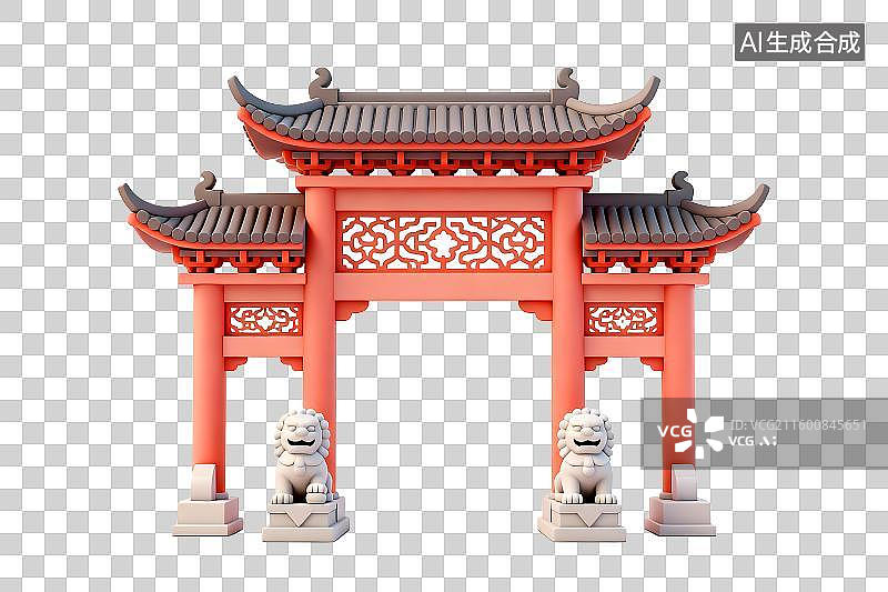【AI数字艺术】传统中式带石狮子的大门图片素材
