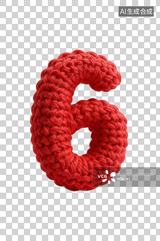 【AI数字艺术】3D渲染免抠图形元素毛线针织编织红色毛线数字6图片素材