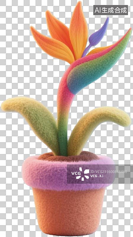 【AI数字艺术】彩虹色天堂鸟毛绒盆栽图片素材