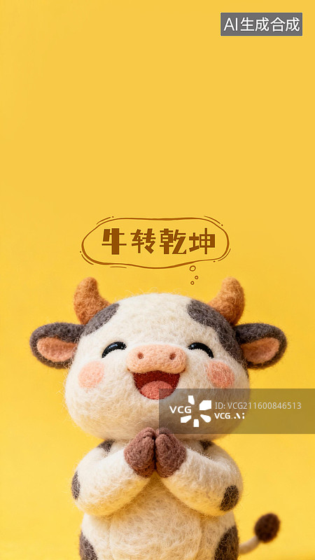 【AI数字艺术】十二生肖3D材质羊毛毡温馨许愿壁纸奶牛图片素材