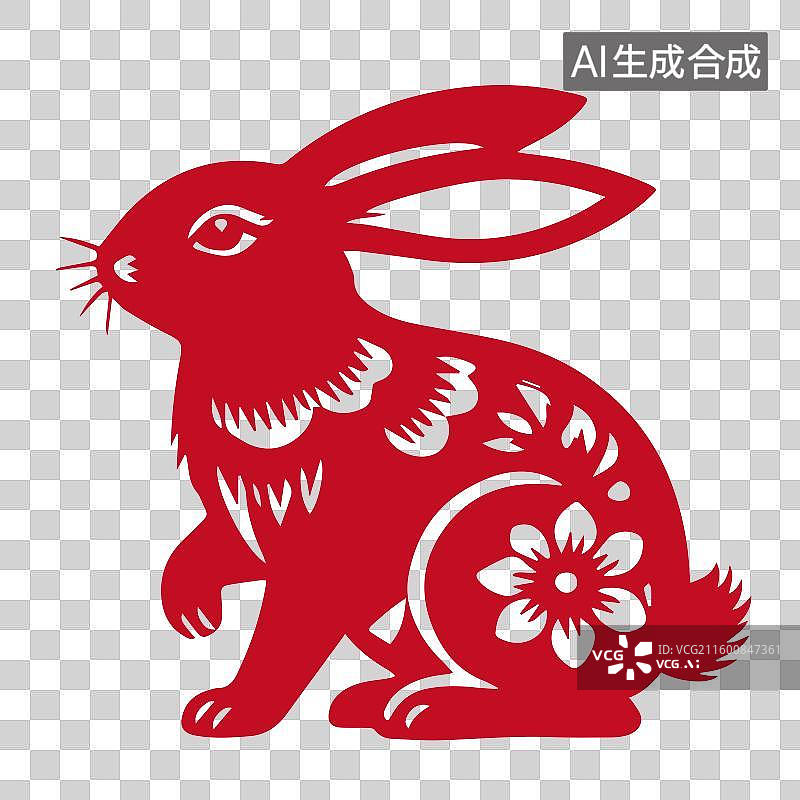 【AI数字艺术】红色剪纸十二生肖兔民俗窗花元素图片素材