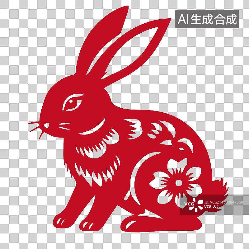 【AI数字艺术】红色剪纸十二生肖兔民俗窗花元素图片素材