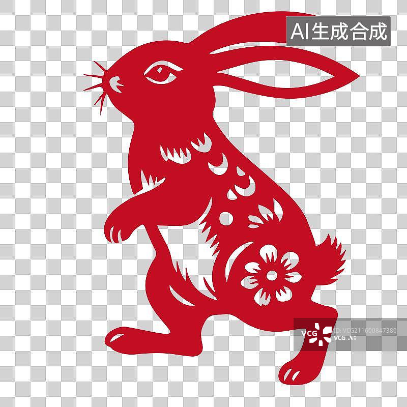 【AI数字艺术】红色剪纸十二生肖兔民俗窗花元素图片素材