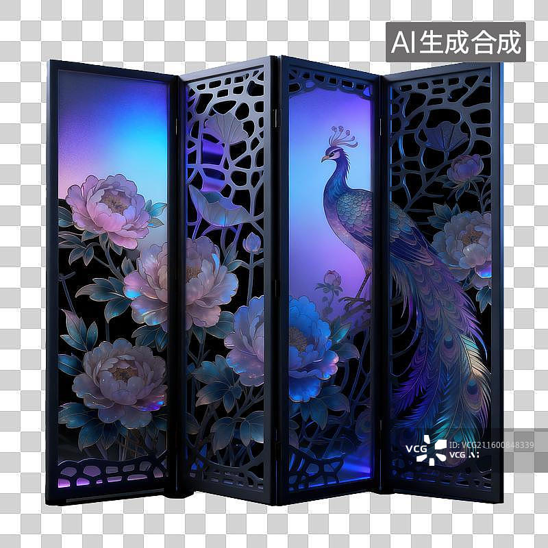 【AI数字艺术】3D中国风屏风花卉图案装饰半透明珠光磨砂质感商业3D轻拟物风格插画元素图片素材