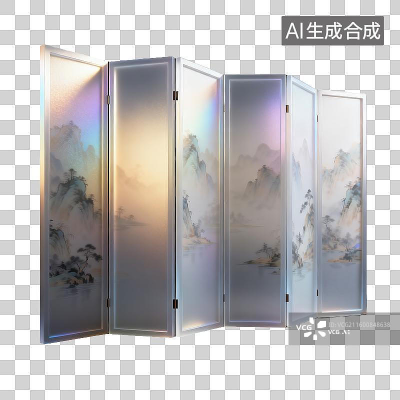 【AI数字艺术】一个装饰性3D屏风隔断中国风东方美韵的山水画图案装饰商业3D轻拟物风格插画图片素材
