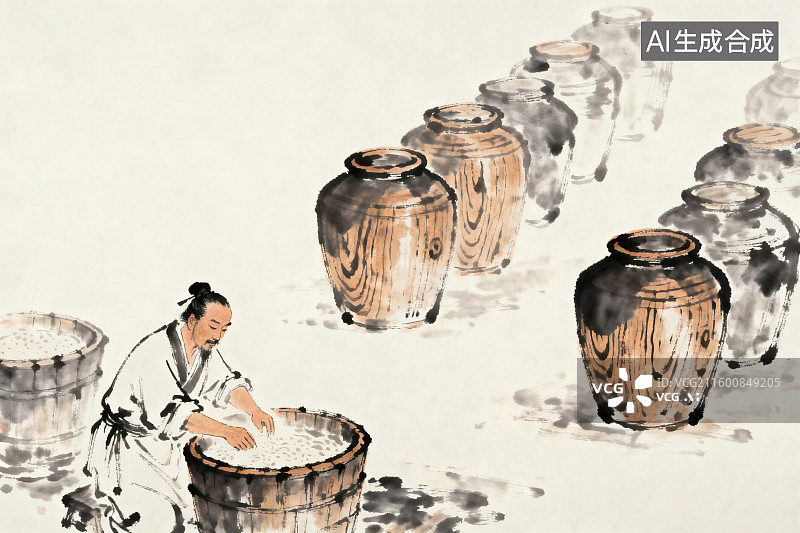 【AI数字艺术】中式水墨风格，古人正在酿酒，远处整齐排列的酒坛图片素材