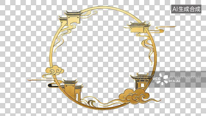 【AI数字艺术】国风掐丝珐琅徽派建筑金色装饰边框元素图片素材