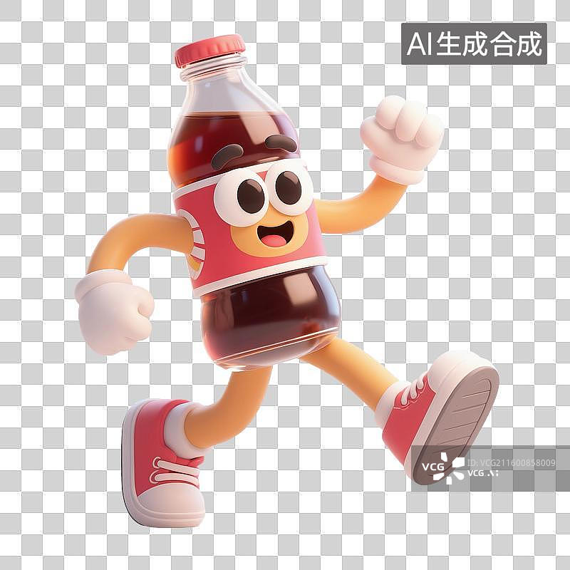 【AI数字艺术】3D渲染，卡通拟人饮料，可乐，汽水，饮品，瓶子，免抠元素图片素材