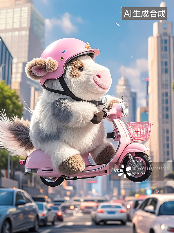 【AI数字艺术】小牛骑粉色摩托车图片素材