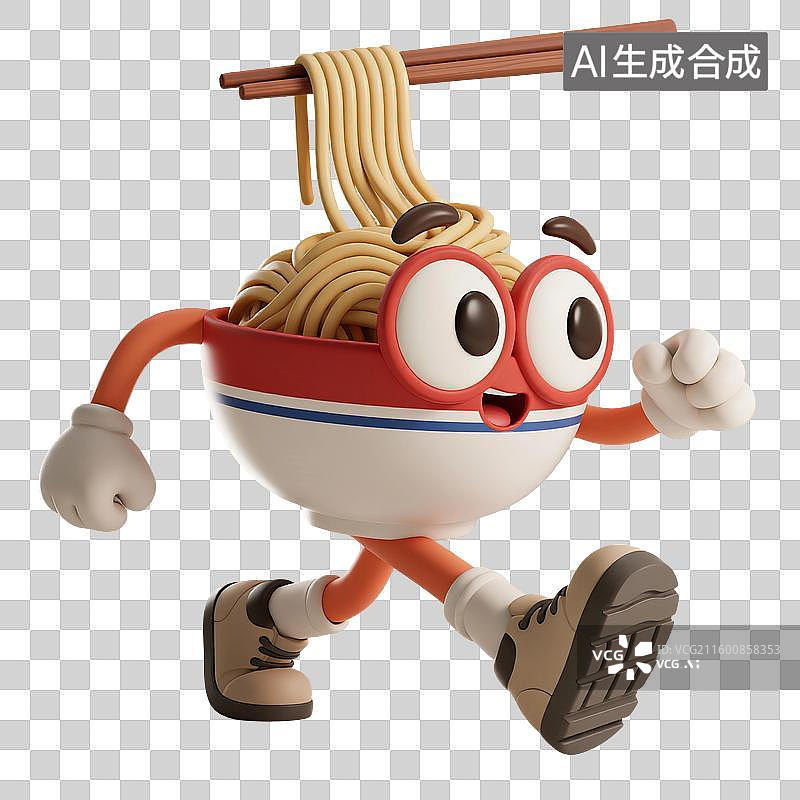 【AI数字艺术】3D渲染，卡通拟人面条，一碗挂面，面条，拉面，中国传统美食，免抠元素图片素材