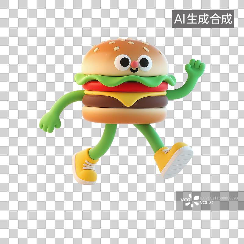 【AI数字艺术】3D渲染，一个汉堡，芝士汉堡，卡通拟人汉堡包，卡通快餐美食免抠元素图片素材