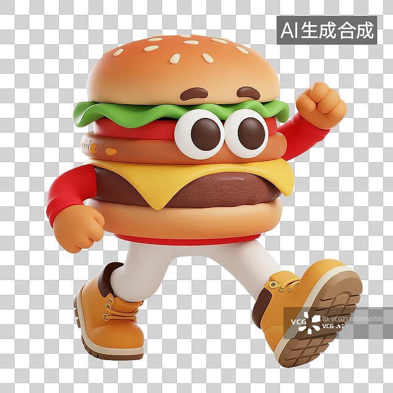 【AI数字艺术】3D渲染，一个汉堡，芝士汉堡，卡通拟人汉堡包，卡通快餐美食免抠元素图片素材