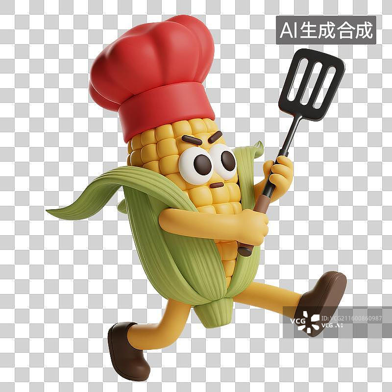 【AI数字艺术】3D渲染，卡通拟人玉米厨师，玉米，食品免抠元素图片素材