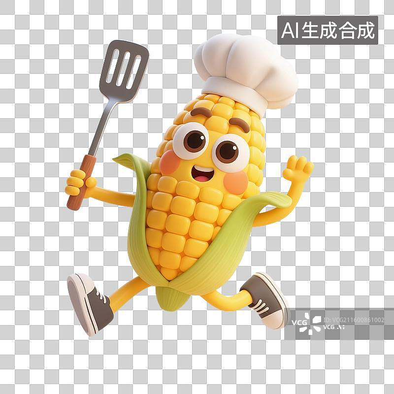 【AI数字艺术】3D渲染，卡通拟人玉米厨师，玉米，食品免抠元素图片素材