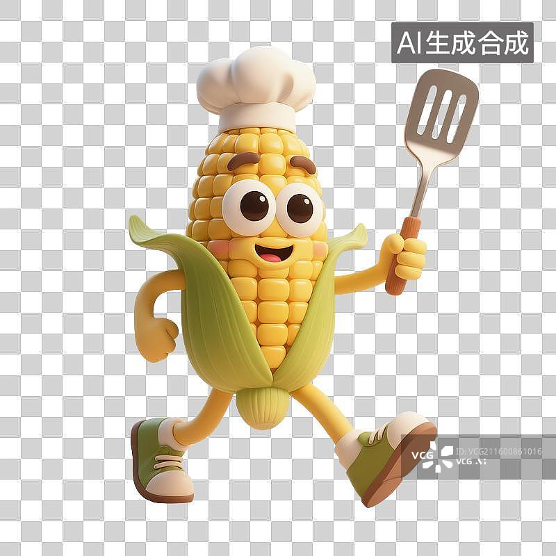 【AI数字艺术】3D渲染，卡通拟人玉米厨师，玉米，食品免抠元素图片素材
