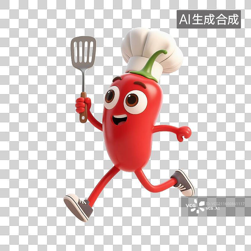 【AI数字艺术】3D渲染，红辣椒，卡通辣椒厨师，辣椒，彩椒，蔬菜，免抠元素图片素材