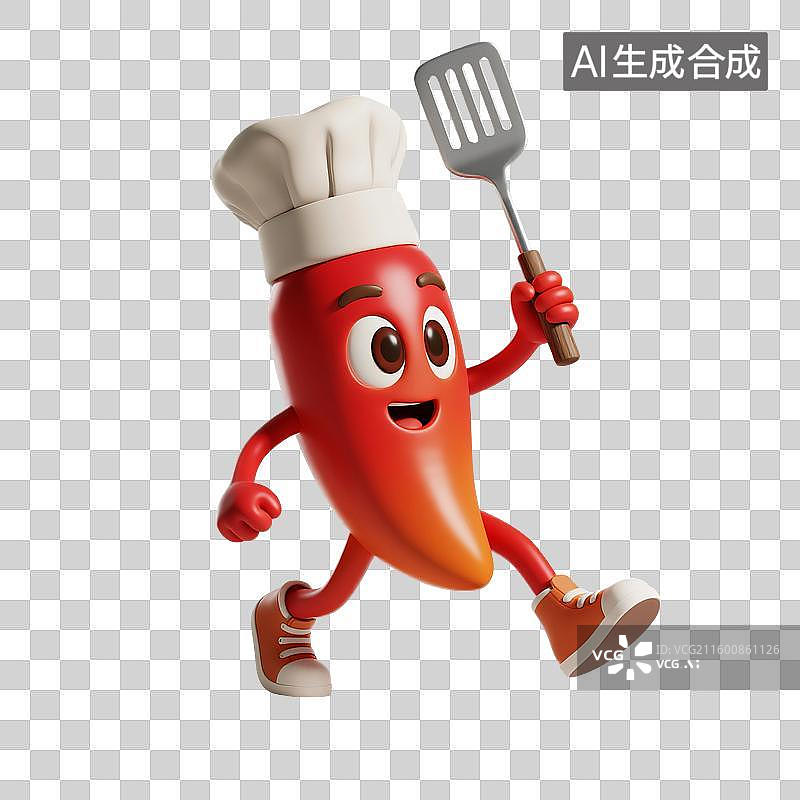 【AI数字艺术】3D渲染，红辣椒，卡通辣椒厨师，辣椒，彩椒，蔬菜，免抠元素图片素材