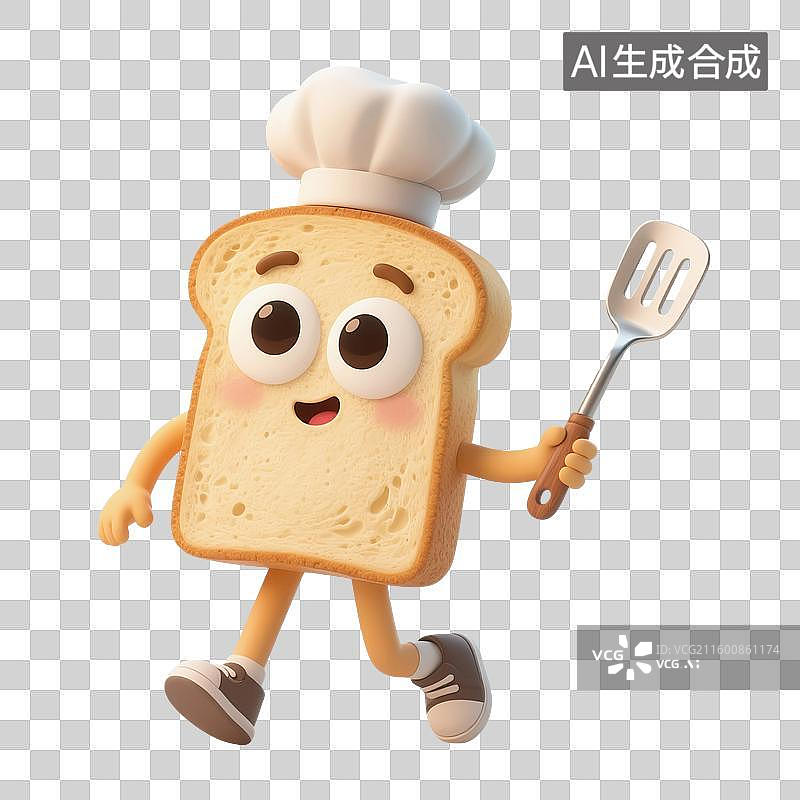 【AI数字艺术】3D渲染，拟人面包厨师，可爱的卡通面包片，面包，吐司，面包片，美味食物免抠元素图片素材